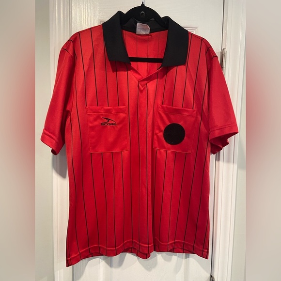 Score Size Adult M Short Sleeve Red Black Stripe Soccer Football Referee Jersey - Picture 1 of 10